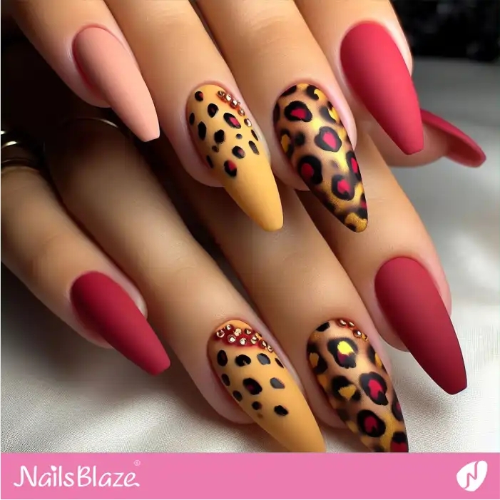 Matte Yellow and Red Nails with Leopard Print Design | Animal Print Nails - NB2578